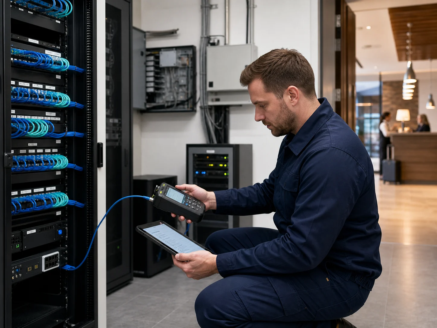 Techniker prüft beschriftete Netzwerkkabel mit einem Messgerät